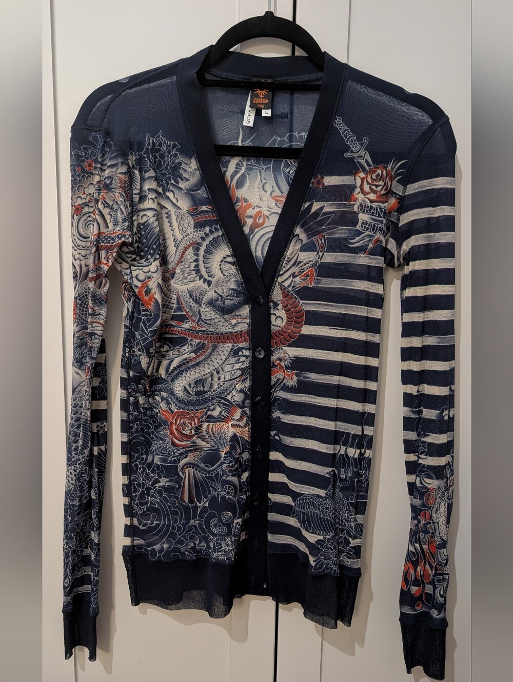 Jean Paul Gaultier x Lindex Tattoo Mesh Cardigan Top Navy Size L Rare JPG